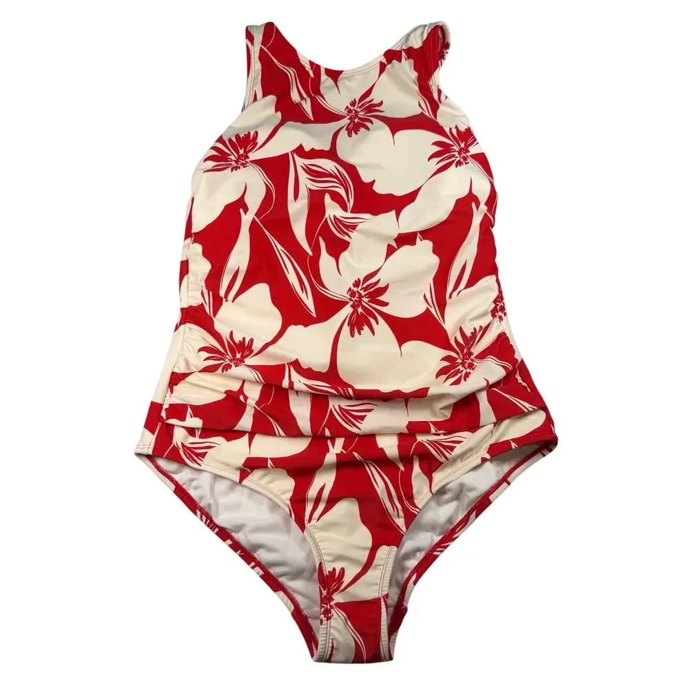Shade & Shore Swimsuit Women's Size 14 Red White Medium Coverage Sewn In Cups